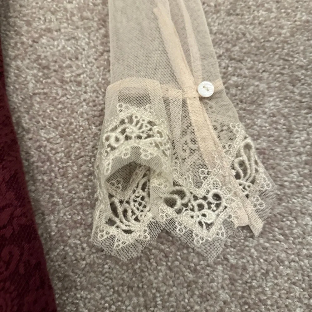 Free People Cream and Burgundy Long Sleeve Dress xs 2 Victorian lace Victoria - Picture 3 of 7